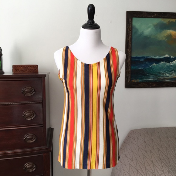 70s Striped Bright Blue Yellow Red Mod Tank Nautical - Picture 2 of 5